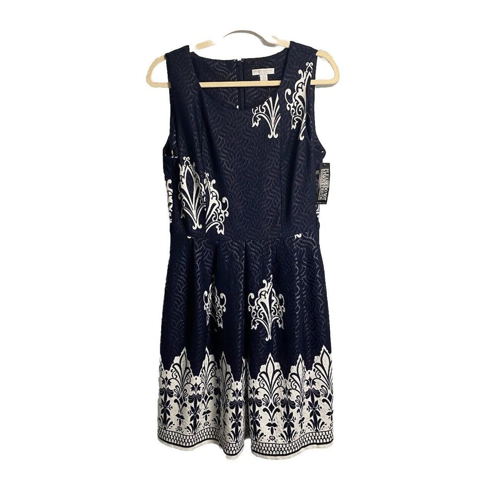 NWT New York & Company Jacquard‎ Floral Pleated Fit & Flare Dress Navy Medium